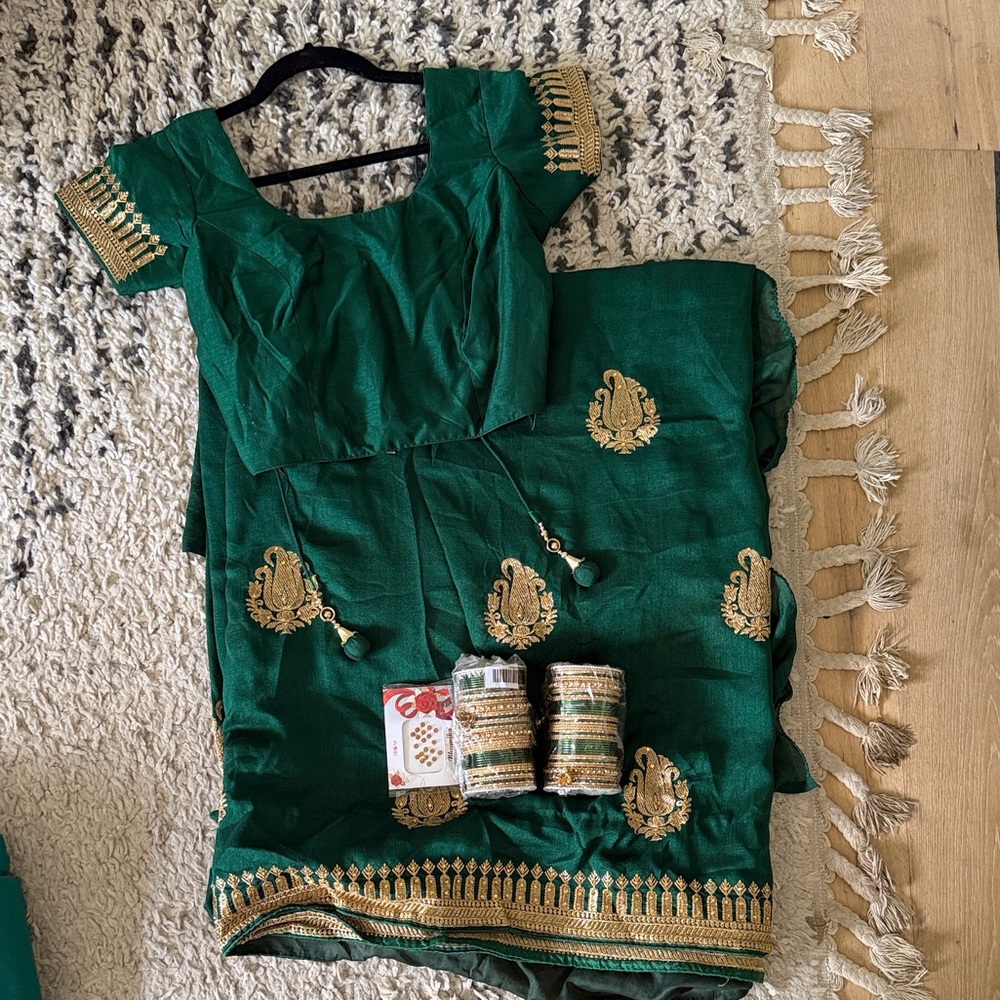 3pc Emerald Green Embroidered Indian Lehenga Set